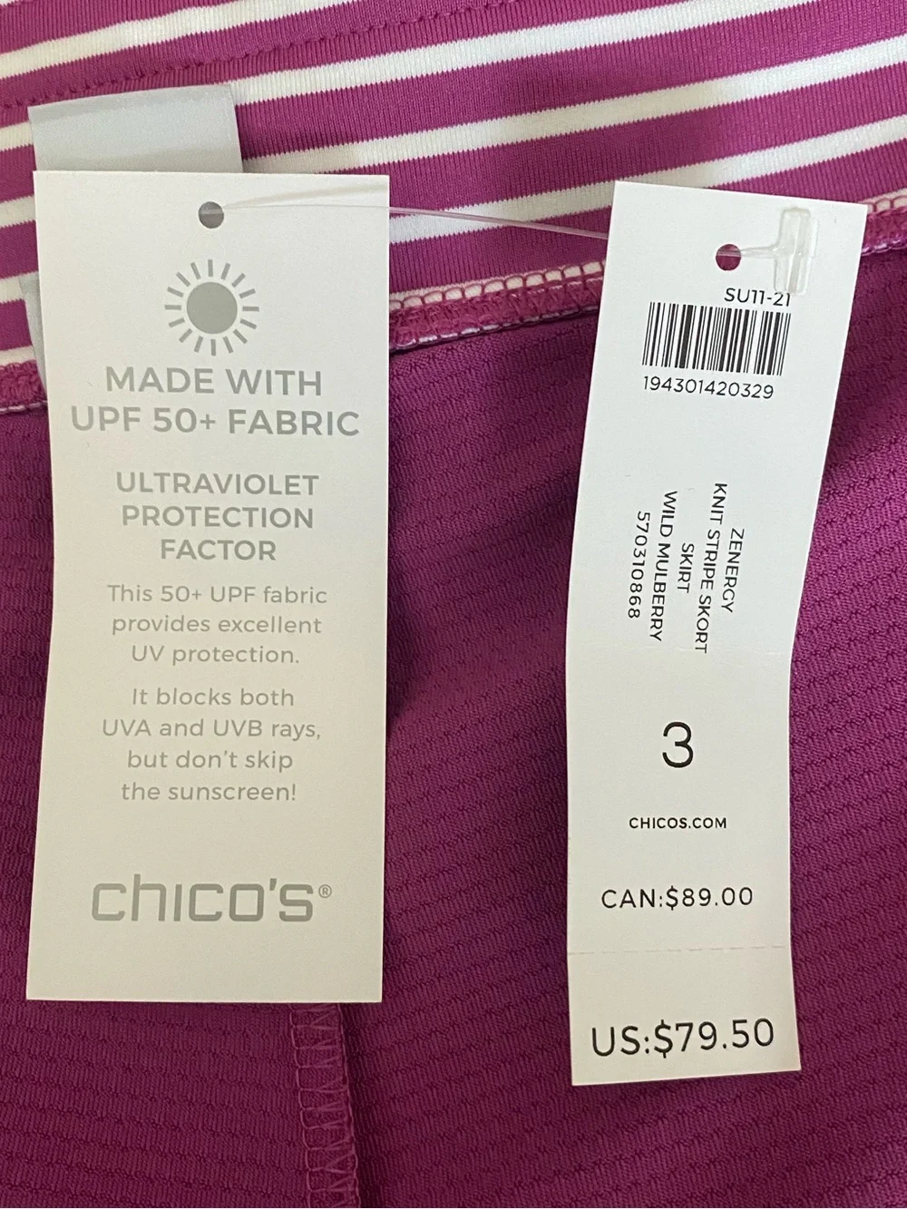 Chico’s Wild Mulberry Striped  Knit UPF 50 Skirt Skort SZ XL NWT Activewear